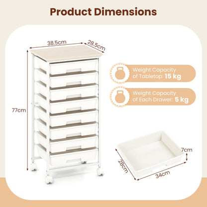 Rolling Cart with 8 Drawers and Lockable Wheels for Dorm-White