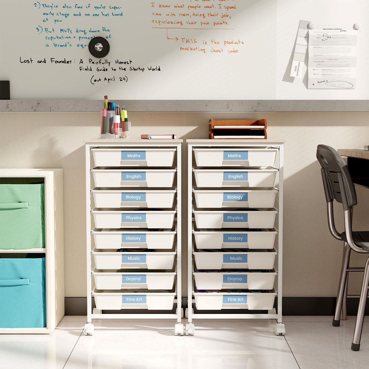Rolling Cart with 8 Drawers and Lockable Wheels for Dorm-White