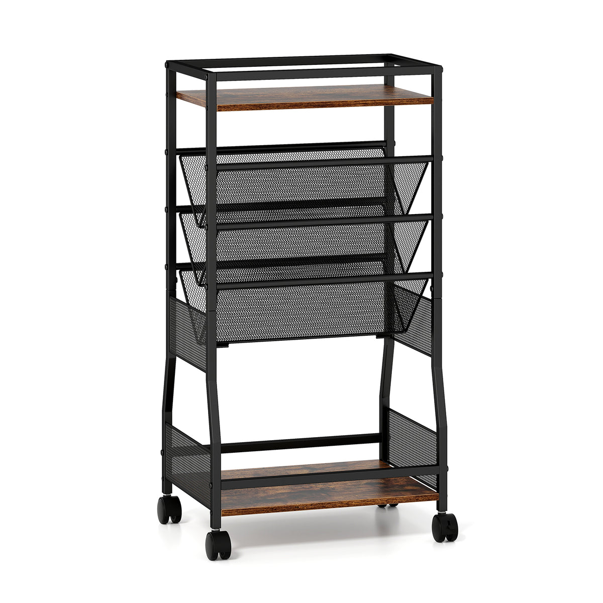 Rolling File Utility Cart with 3 Slanted Side Shelves and Lockable Wheels-Rustic Brown