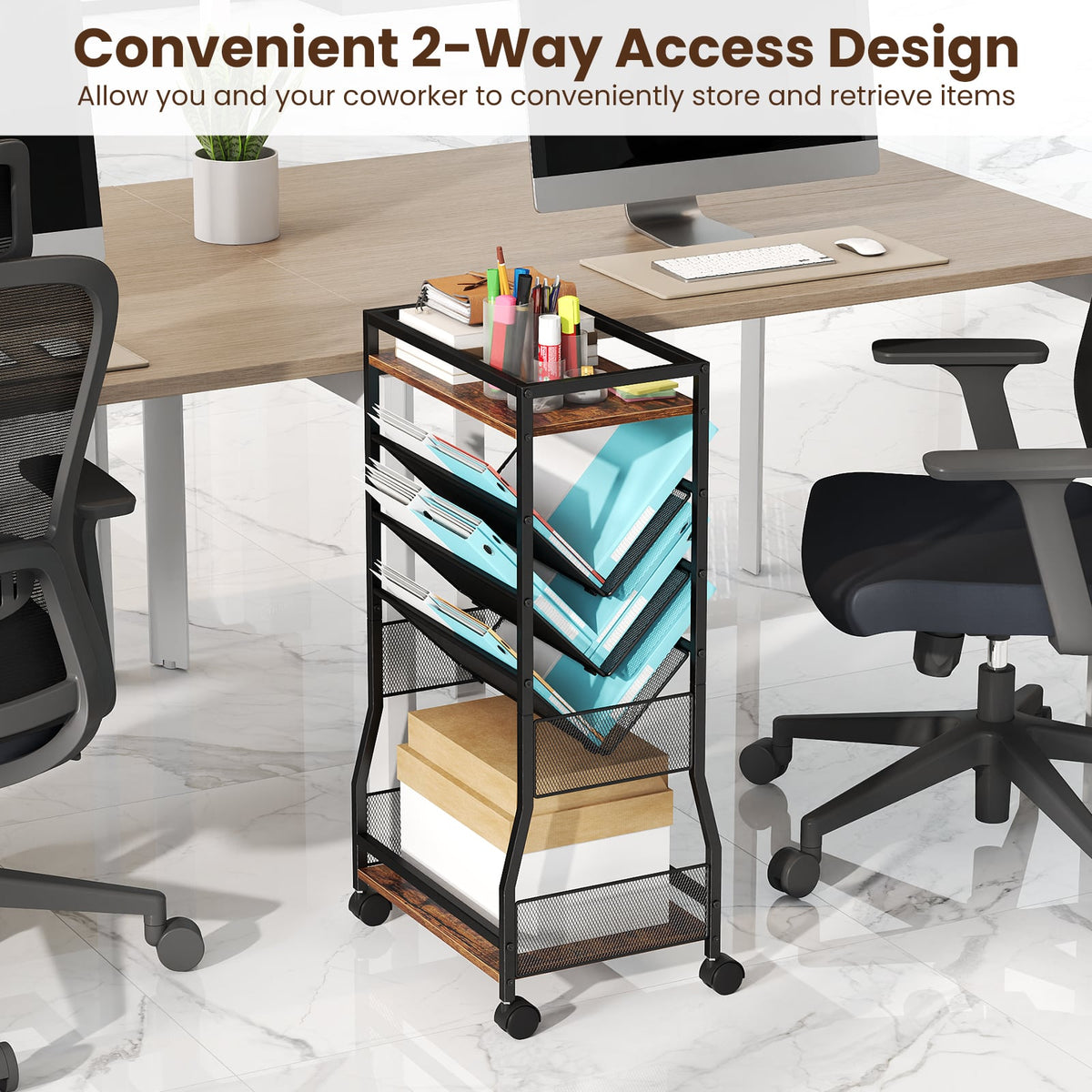 Rolling File Utility Cart with 3 Slanted Side Shelves and Lockable Wheels-Rustic Brown