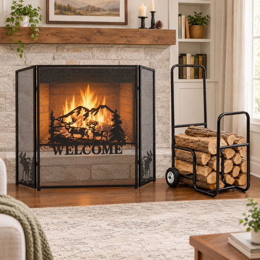 Rolling Fireplace Log Holder Carrier and 132 x 79 cm Fireplace Screen