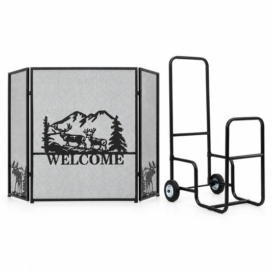 Rolling Fireplace Log Holder Carrier and 132 x 79 cm Fireplace Screen