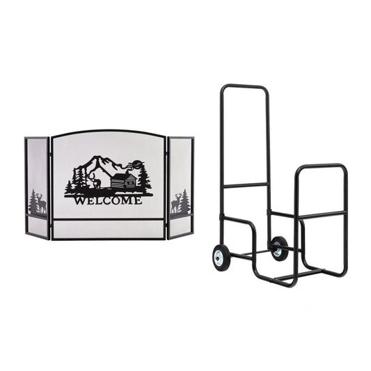 Rolling Fireplace Log Holder Carrier and 55 x 29.5 Inch Fireplace Screen