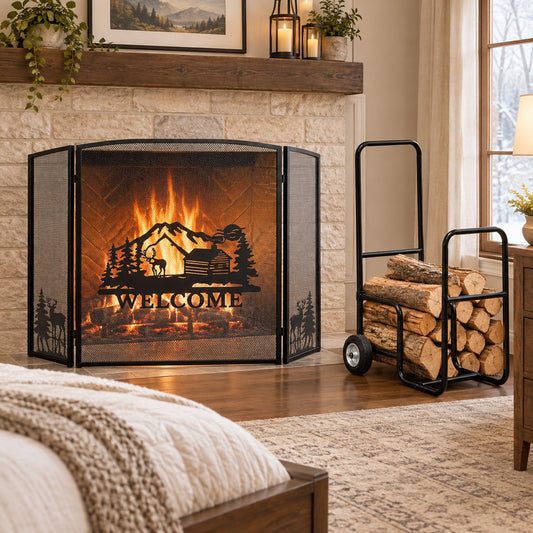 Rolling Fireplace Log Holder Carrier and 55 x 29.5 Inch Fireplace Screen
