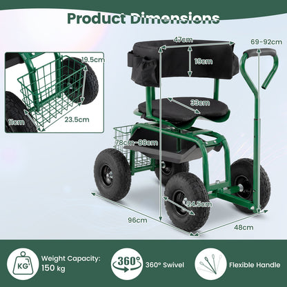 Rolling Garden Work Seat with Wheels Swivel Seat and Extendable Handle-Green