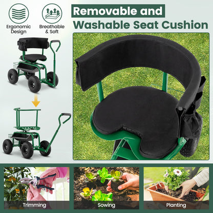 Rolling Garden Work Seat with Wheels Swivel Seat and Extendable Handle-Green