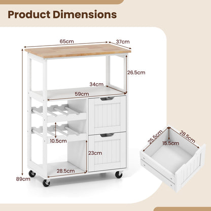 Rolling Kitchen Island Cart Solid Rubber Wood Top Serving Trolley with 2-Tier Wine Rack-White
