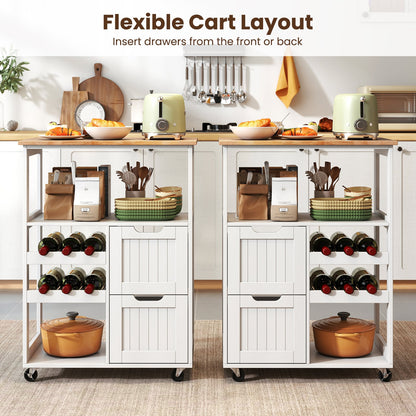 Rolling Kitchen Island Cart Solid Rubber Wood Top Serving Trolley with 2-Tier Wine Rack-White