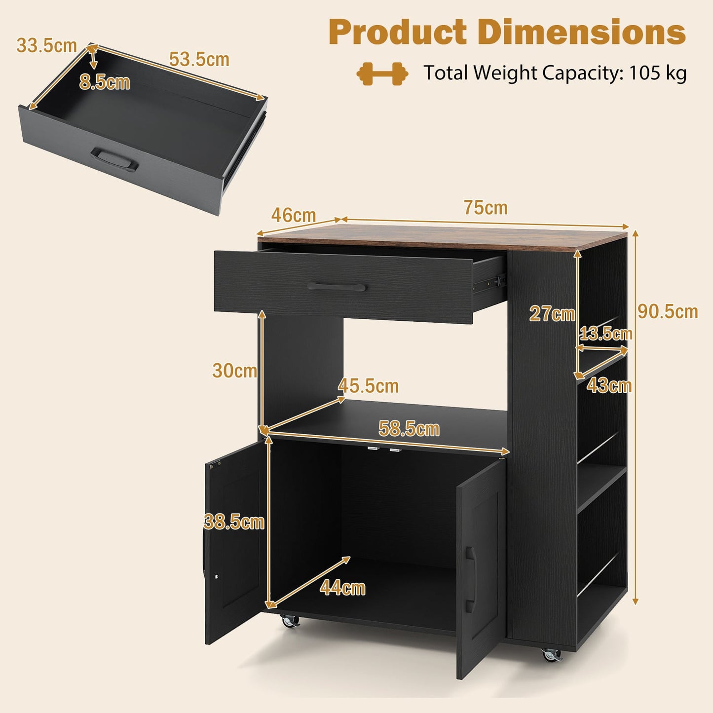 Rolling Kitchen Island with Built-in Charging Station and Lockable Wheels-Black