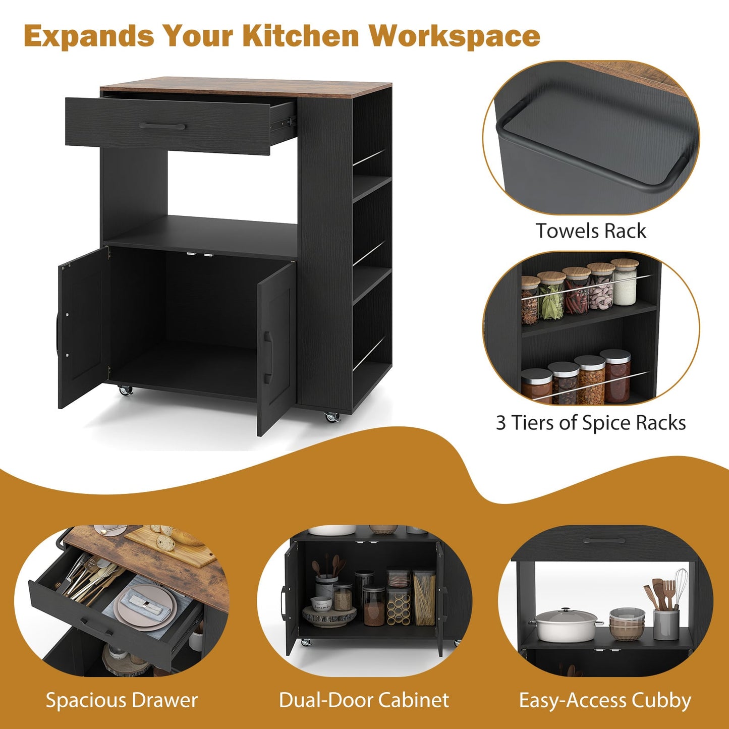 Rolling Kitchen Island with Built-in Charging Station and Lockable Wheels-Black