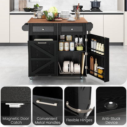 Rolling Kitchen Island with Drop Leaf Kitchen Cart with Tilt Out Trash Can Cabinet-Black