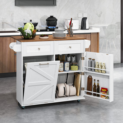 Rolling Kitchen Island with Drop Leaf Kitchen Cart with Tilt Out Trash Can Cabinet-White