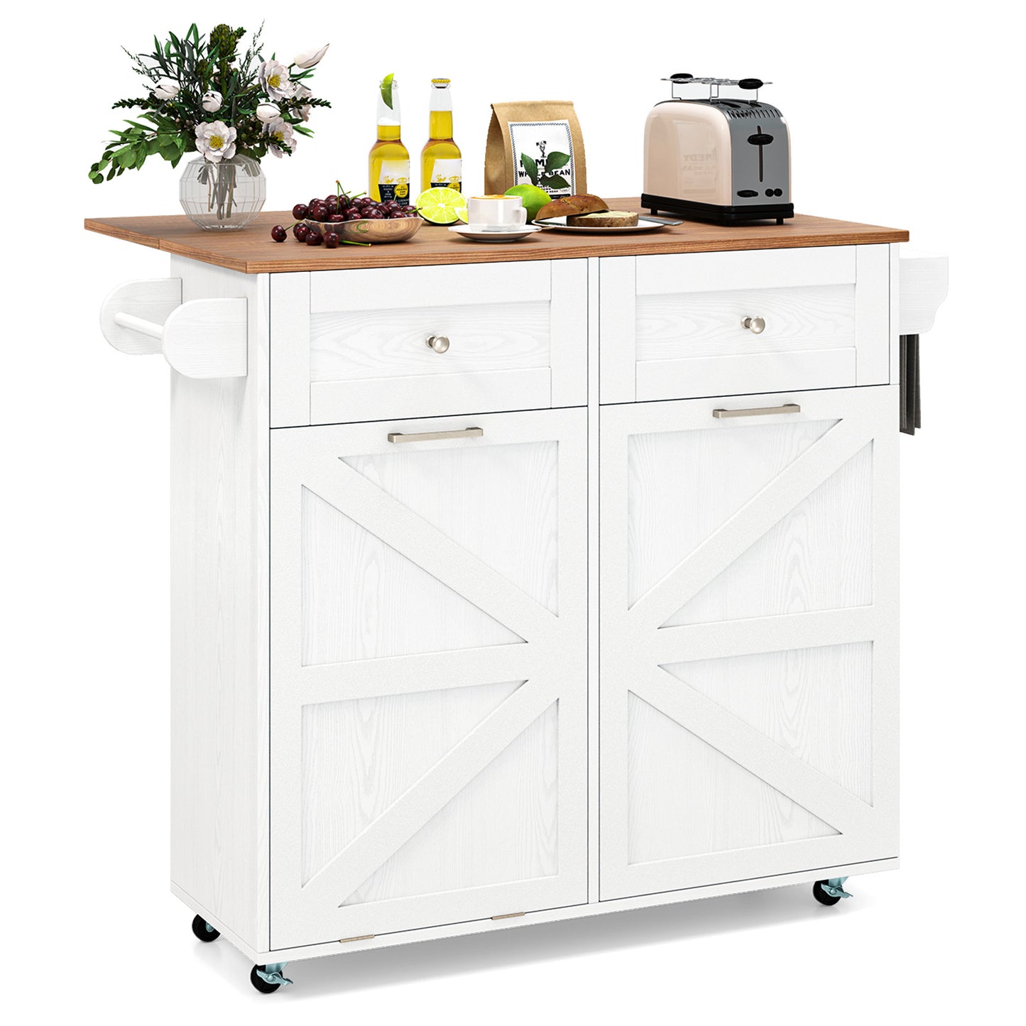 Rolling Kitchen Island with Drop Leaf Kitchen Cart with Tilt Out Trash Can Cabinet-White