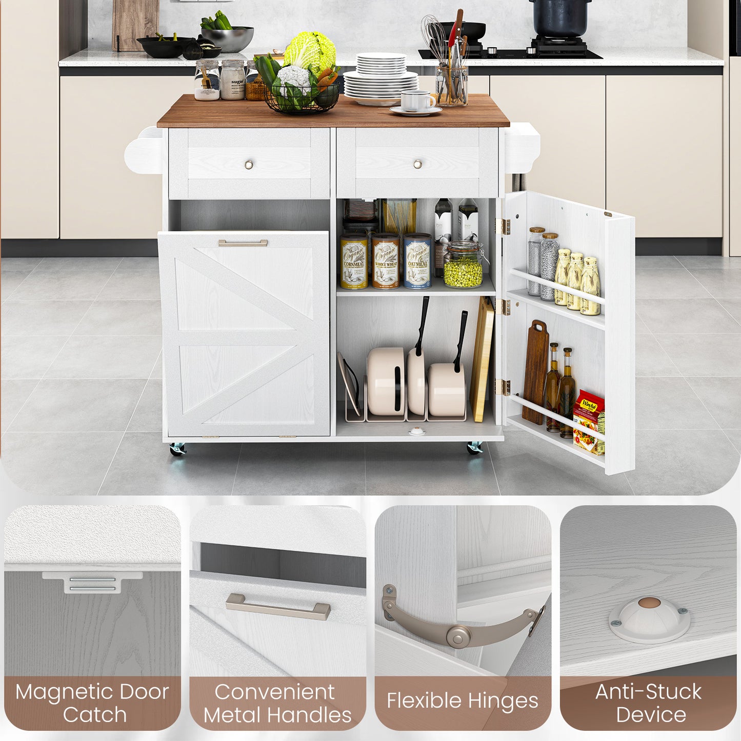 Rolling Kitchen Island with Drop Leaf Kitchen Cart with Tilt Out Trash Can Cabinet-White