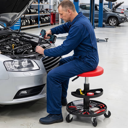 Rolling Mechanic Stool with Wheels and 42-56 cm Adjustable Seat-Red