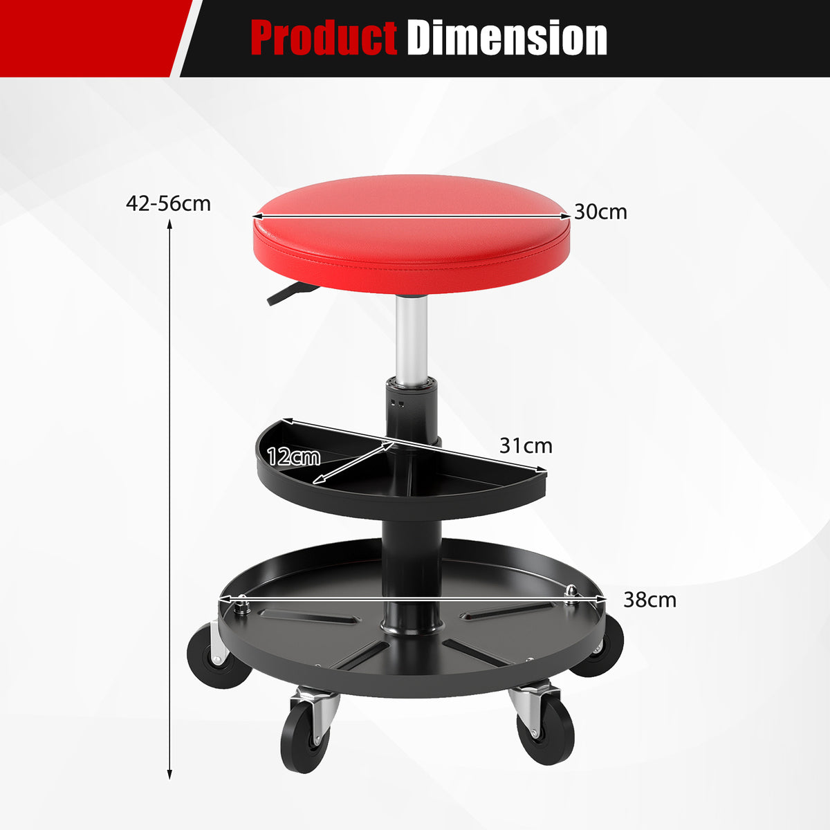 Rolling Mechanic Stool with Wheels and 42-56 cm Adjustable Seat-Red