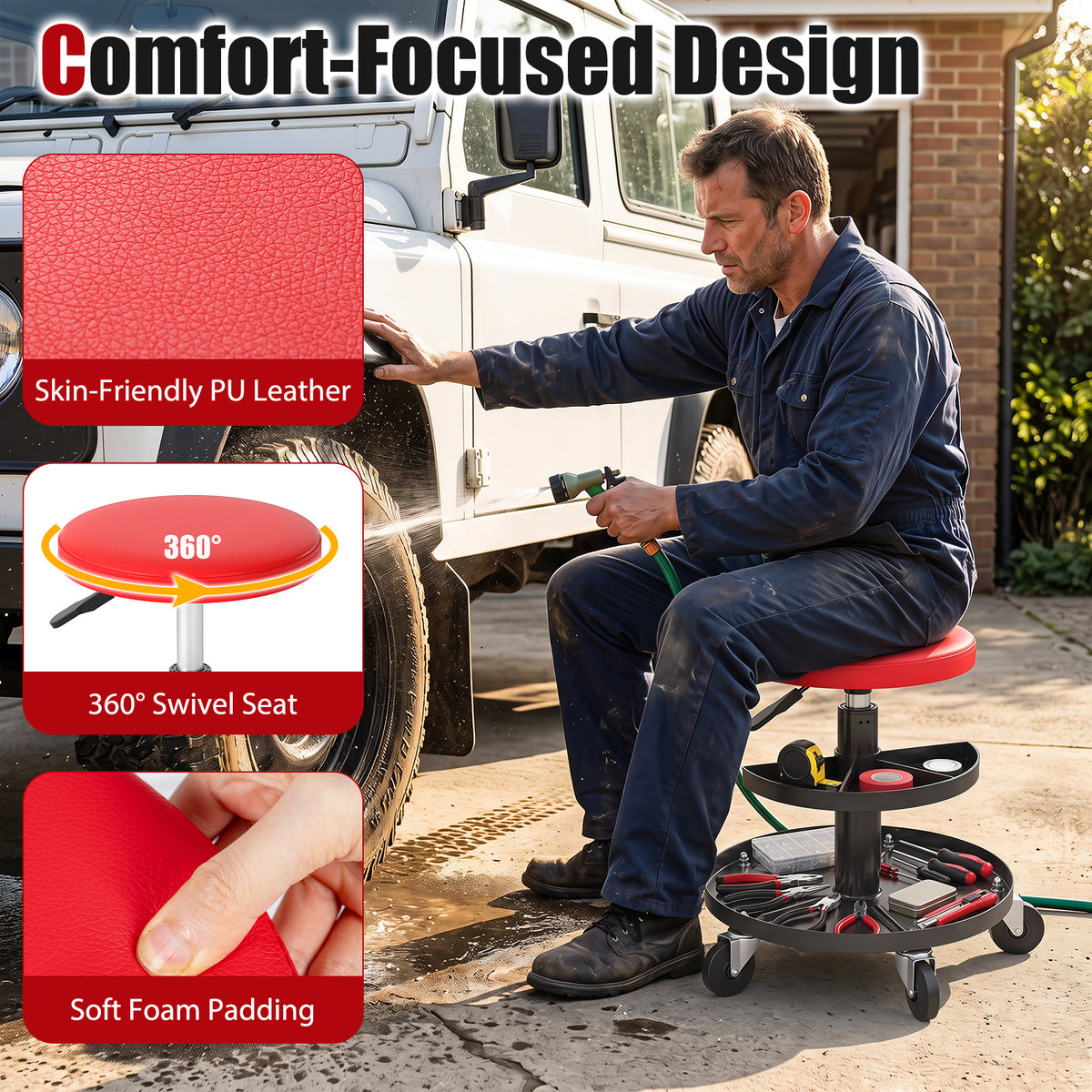 Rolling Mechanic Stool with Wheels and 42-56 cm Adjustable Seat-Red