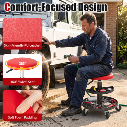 Rolling Mechanic Stool with Wheels and 42-56 cm Adjustable Seat-Red