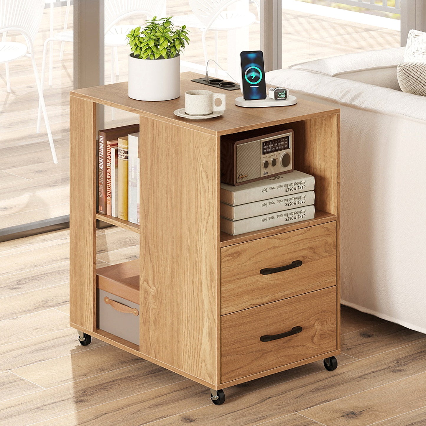 Rolling Nightstand with Storage Drawers and Shelves for Bedroom Set of 2-Natural