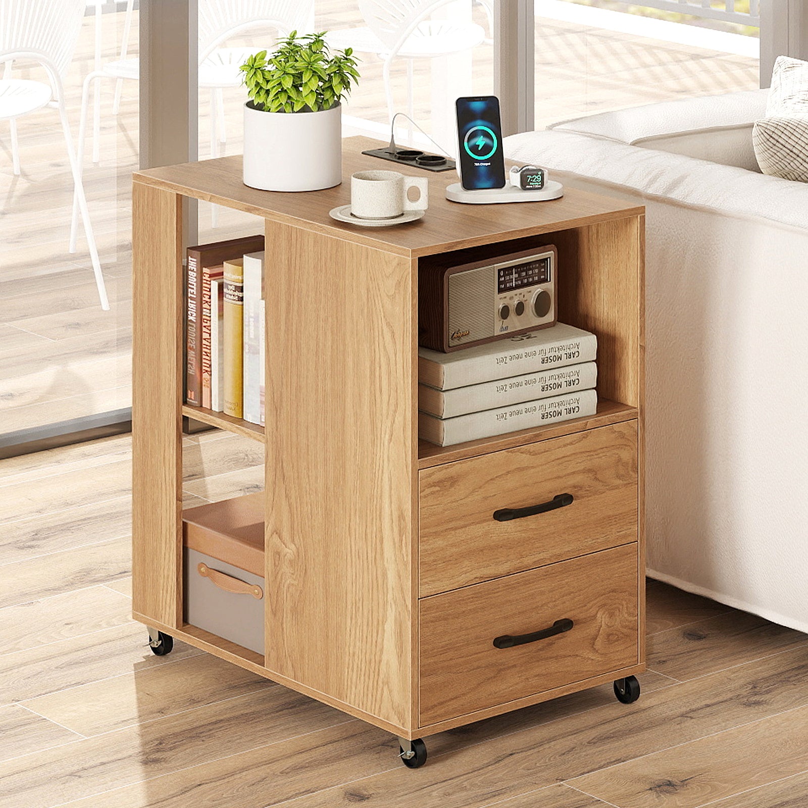 Rolling Nightstand with Storage Drawers and Shelves for Bedroom Set of 2-Natural