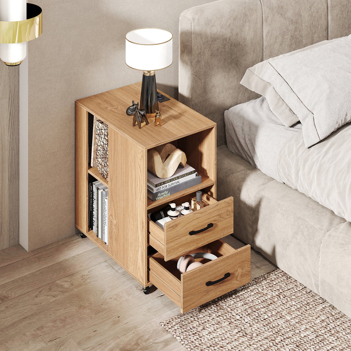 Rolling Nightstand with Storage Drawers and Shelves for Bedroom Set of 2-Natural