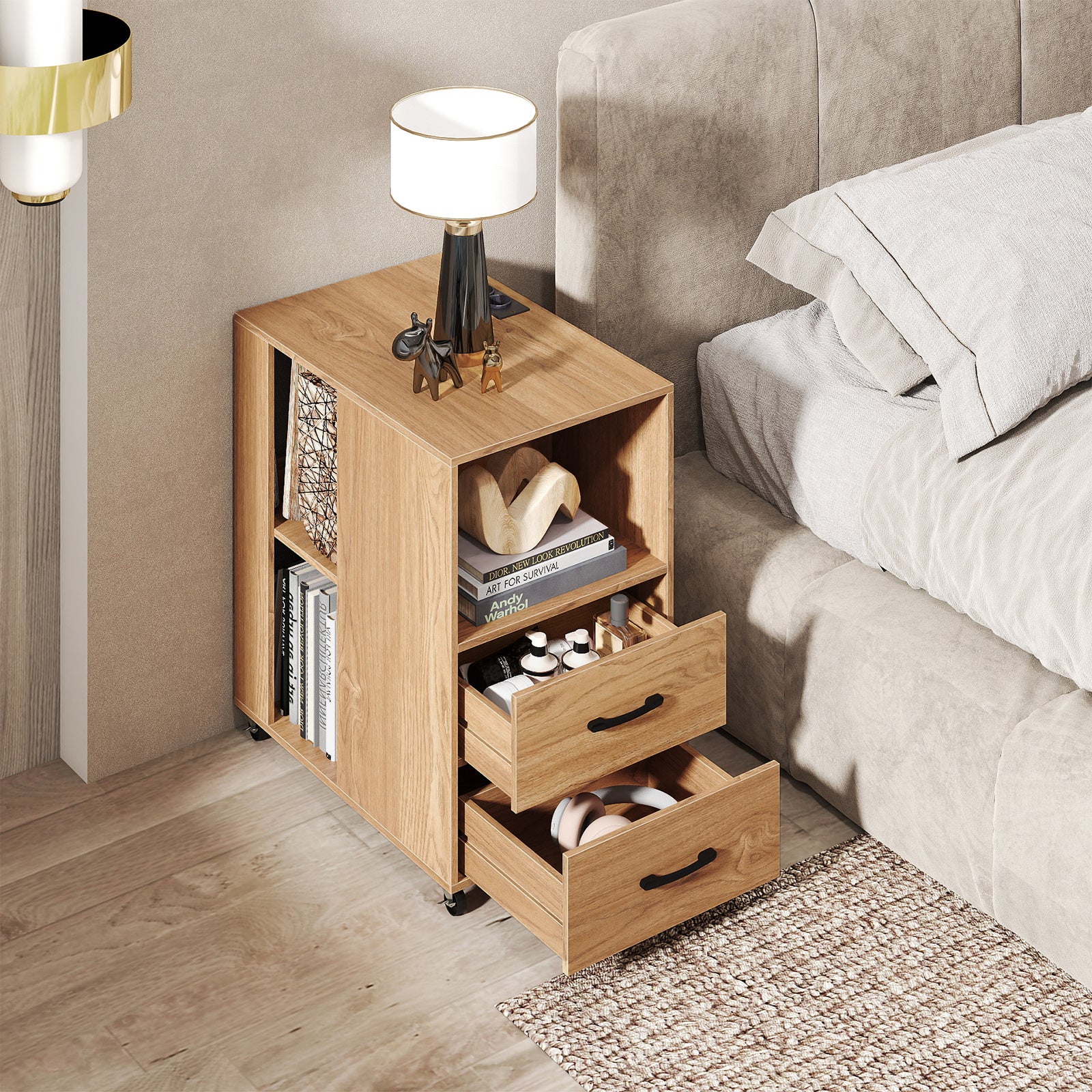 Rolling Nightstand with Storage Drawers and Shelves for Bedroom Set of 2-Natural