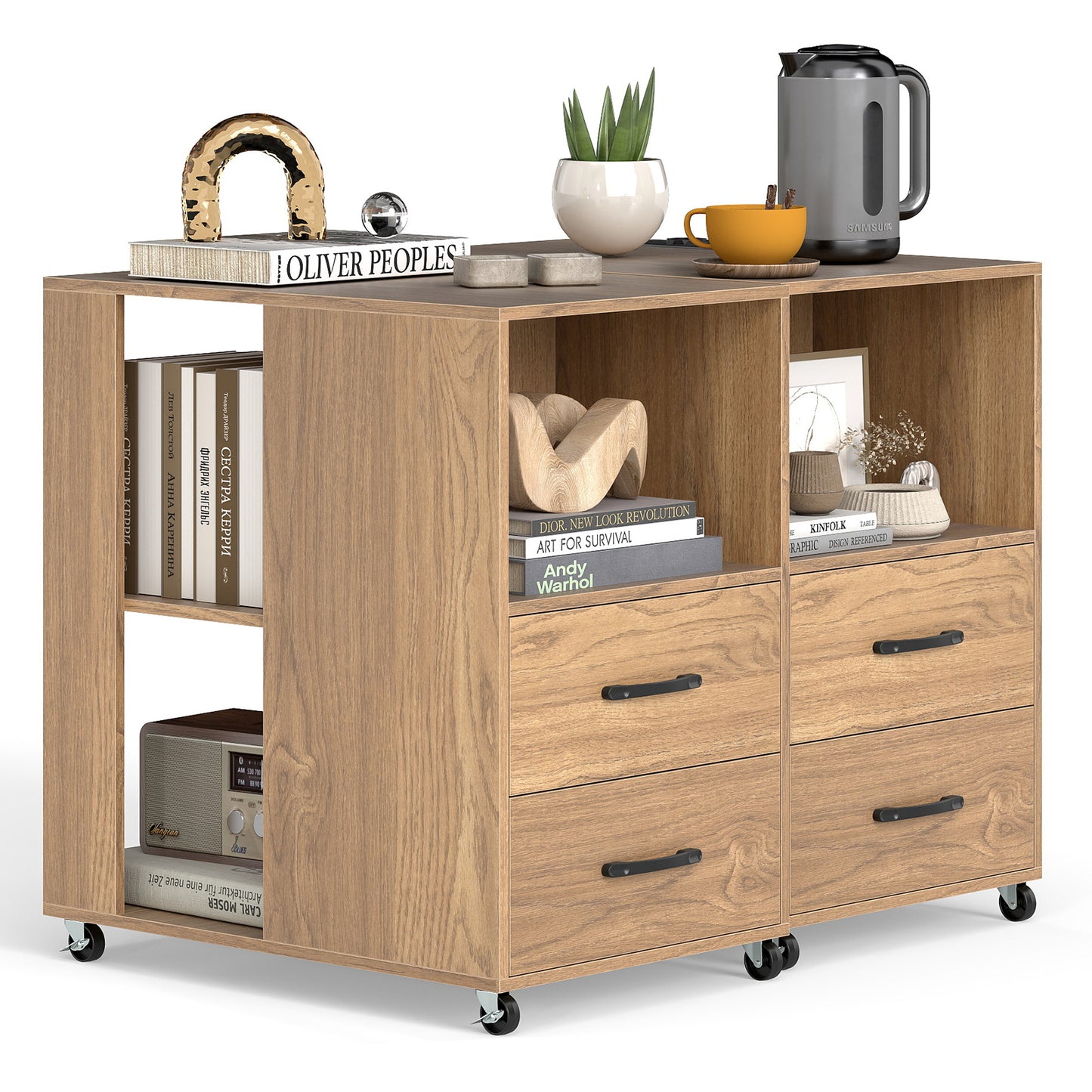 Rolling Nightstand with Storage Drawers and Shelves for Bedroom Set of 2-Natural