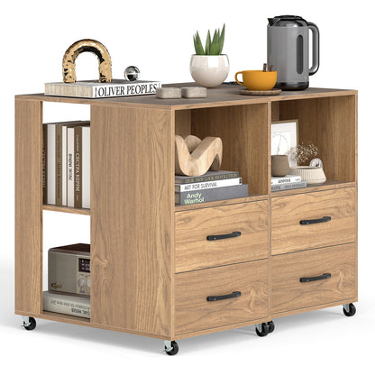 Rolling Nightstand with Storage Drawers and Shelves for Bedroom Set of 2-Natural
