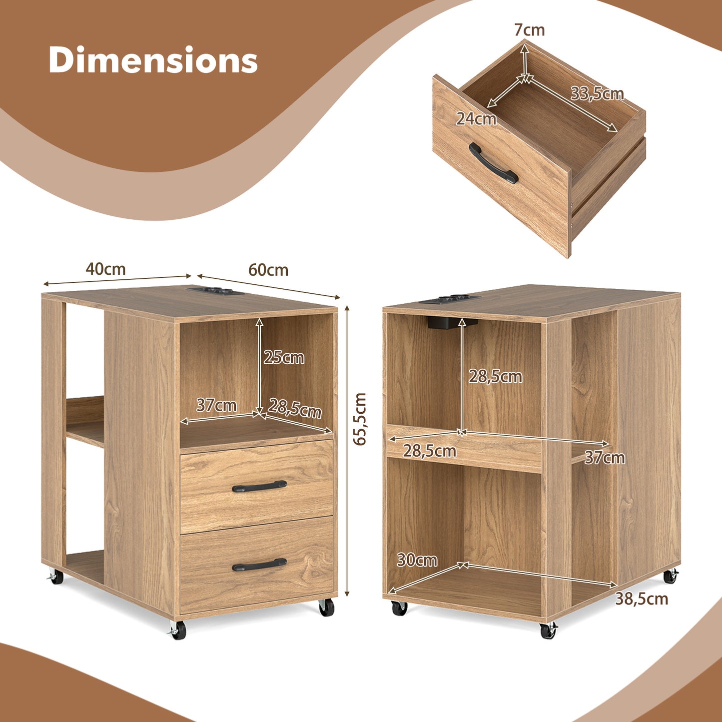 Rolling Nightstand with Storage Drawers and Shelves for Bedroom Set of 2-Natural