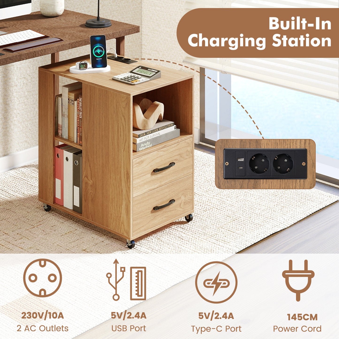 Rolling Nightstand with Storage Drawers and Shelves for Bedroom Set of 2-Natural