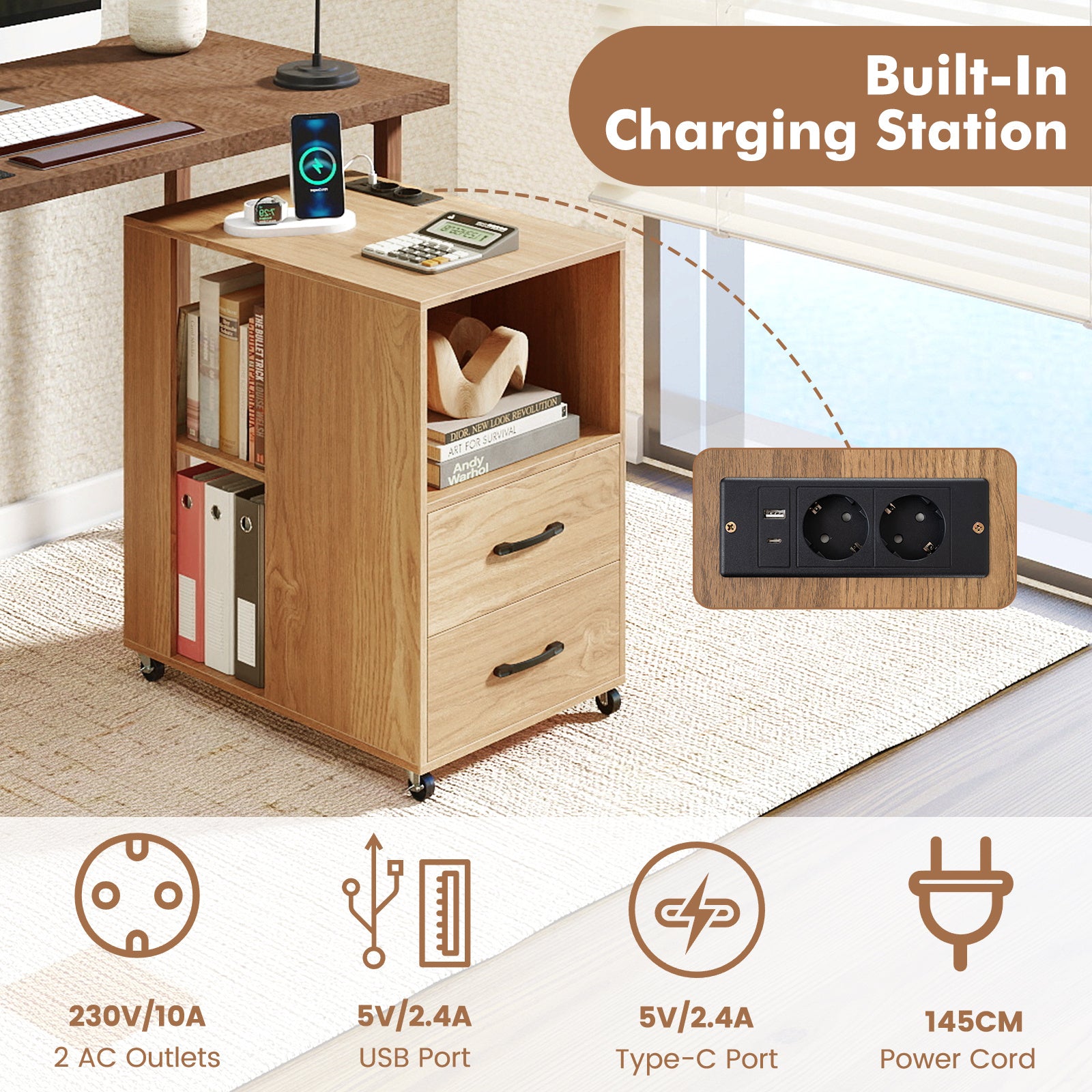 Rolling Nightstand with Storage Drawers and Shelves for Bedroom Set of 2-Natural