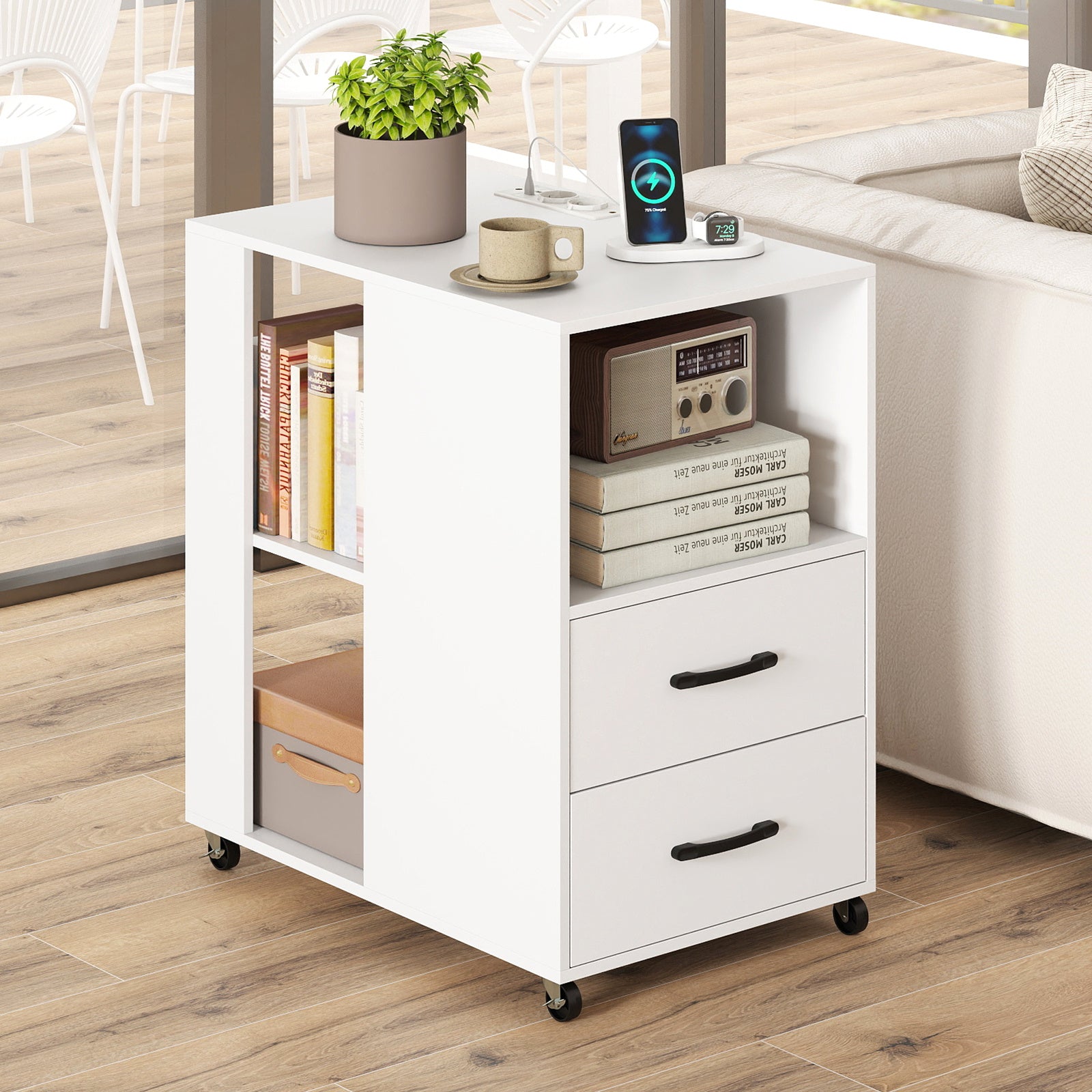 Rolling Nightstand with Storage Drawers and Shelves for Bedroom Set of 2-White