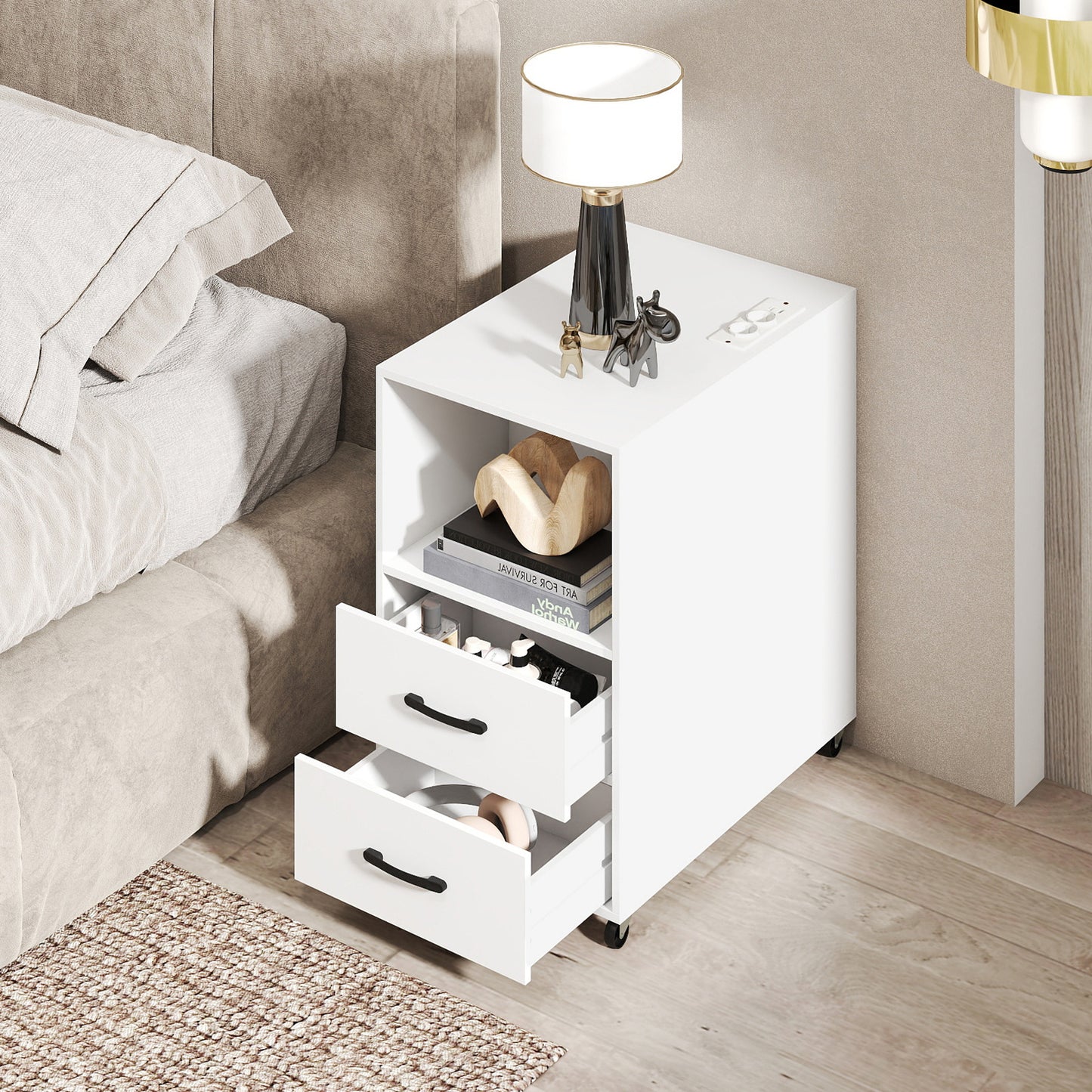 Rolling Nightstand with Storage Drawers and Shelves for Bedroom Set of 2-White