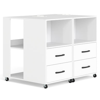 Rolling Nightstand with Storage Drawers and Shelves for Bedroom Set of 2-White