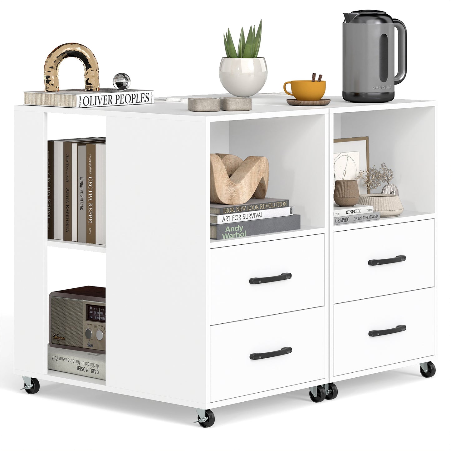 Rolling Nightstand with Storage Drawers and Shelves for Bedroom Set of 2-White