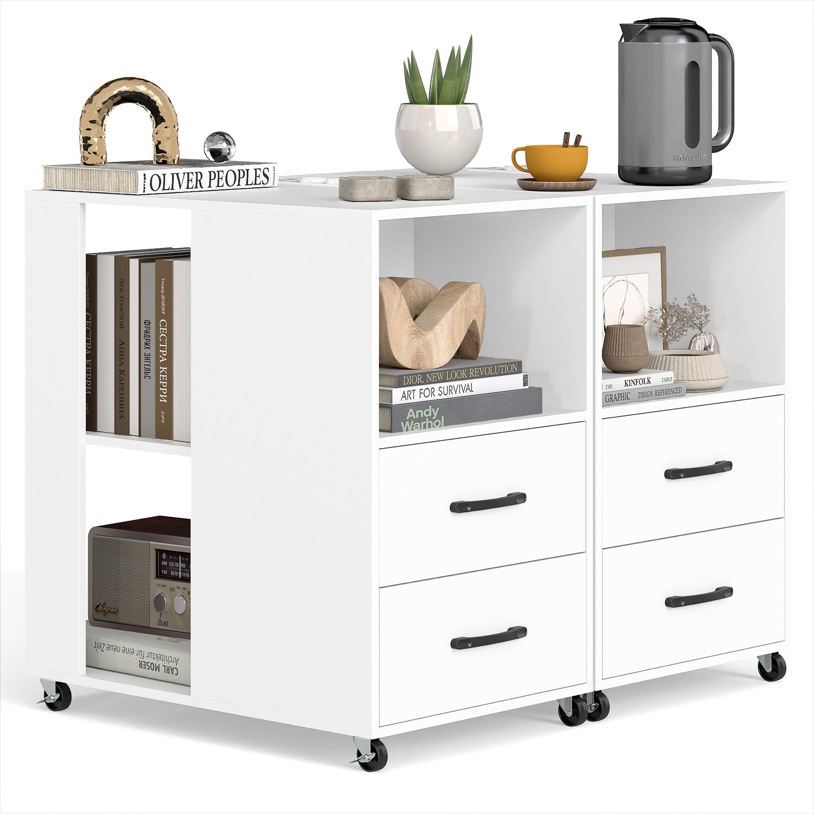 Rolling Nightstand with Storage Drawers and Shelves for Bedroom Set of 2-White