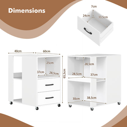 Rolling Nightstand with Storage Drawers and Shelves for Bedroom Set of 2-White