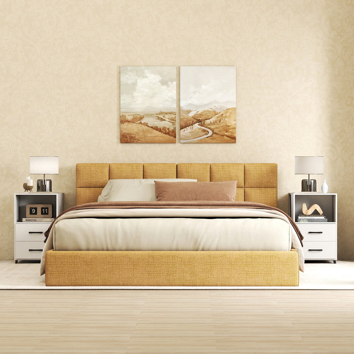 Rolling Nightstand with Storage Drawers and Shelves for Bedroom Set of 2-White