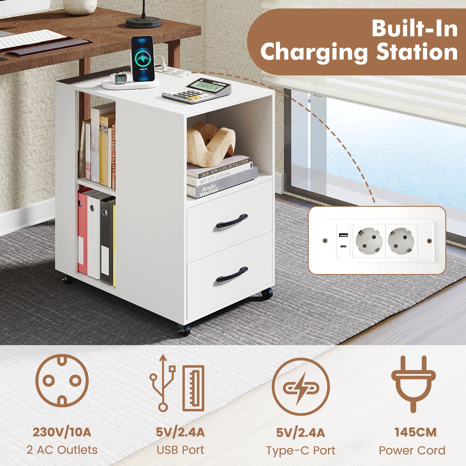 Rolling Nightstand with Storage Drawers and Shelves for Bedroom Set of 2-White