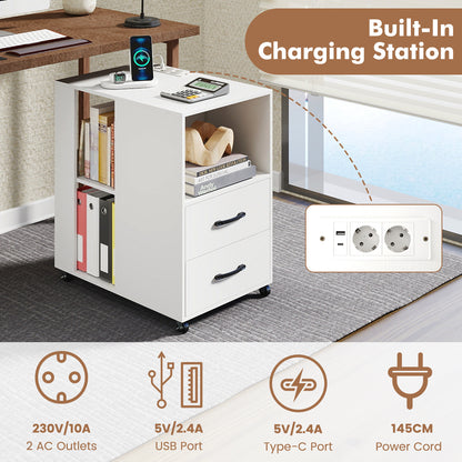 Rolling Nightstand with Storage Drawers and Shelves for Bedroom Set of 2-White