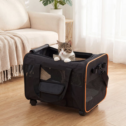 Rolling Pet Carrier with Telescopic Handle and Washable Pad for Dogs and Cats