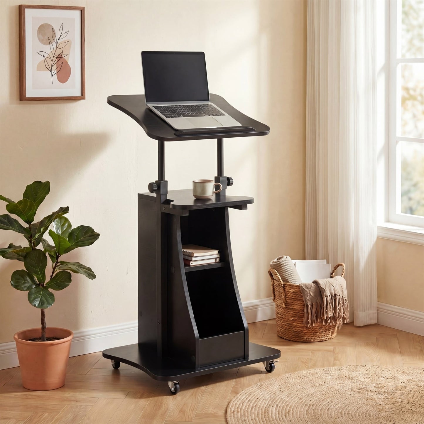 Rolling Podium Stand with Tilting Tabletop and Storage Shelves for Office-Black