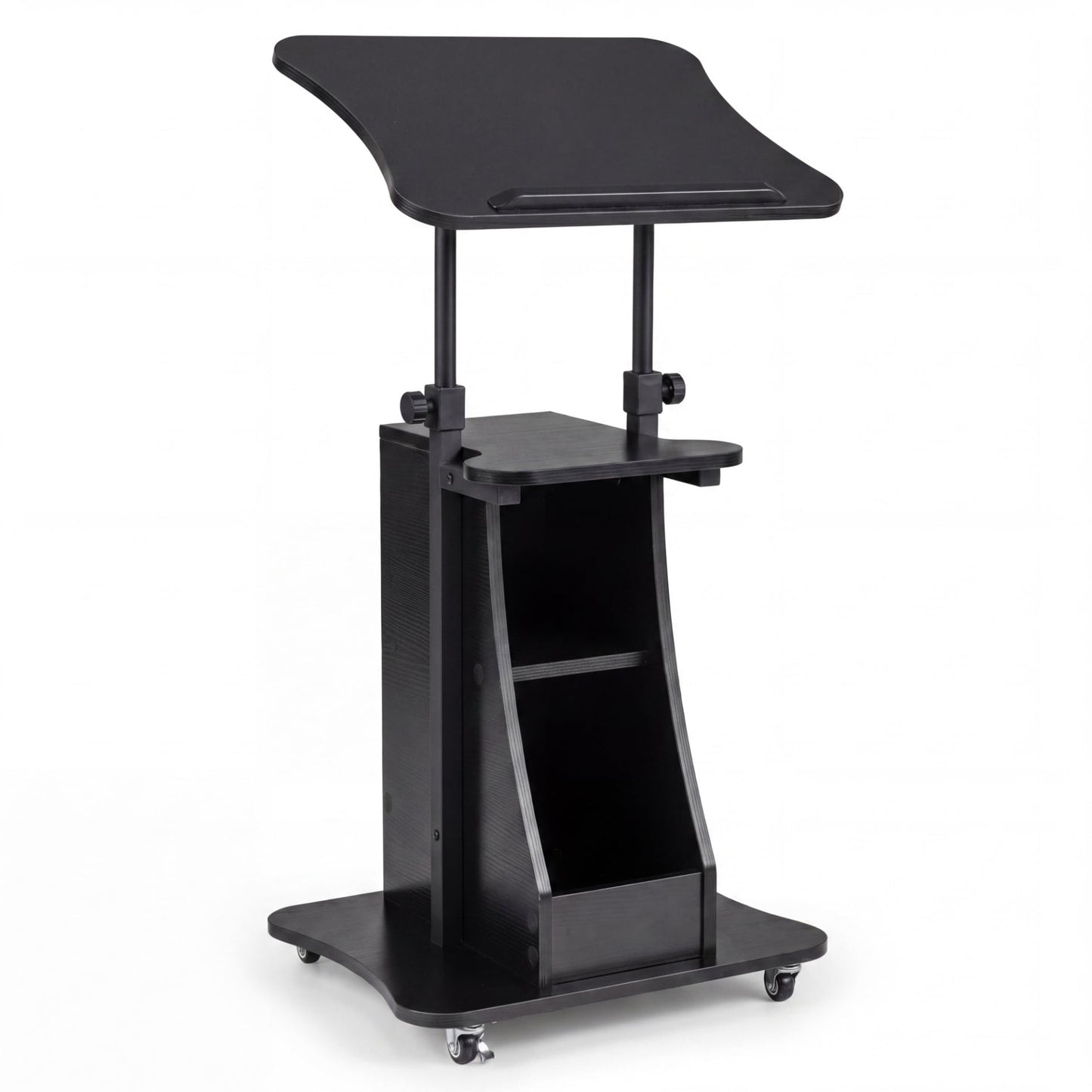 Rolling Podium Stand with Tilting Tabletop and Storage Shelves for Office-Black
