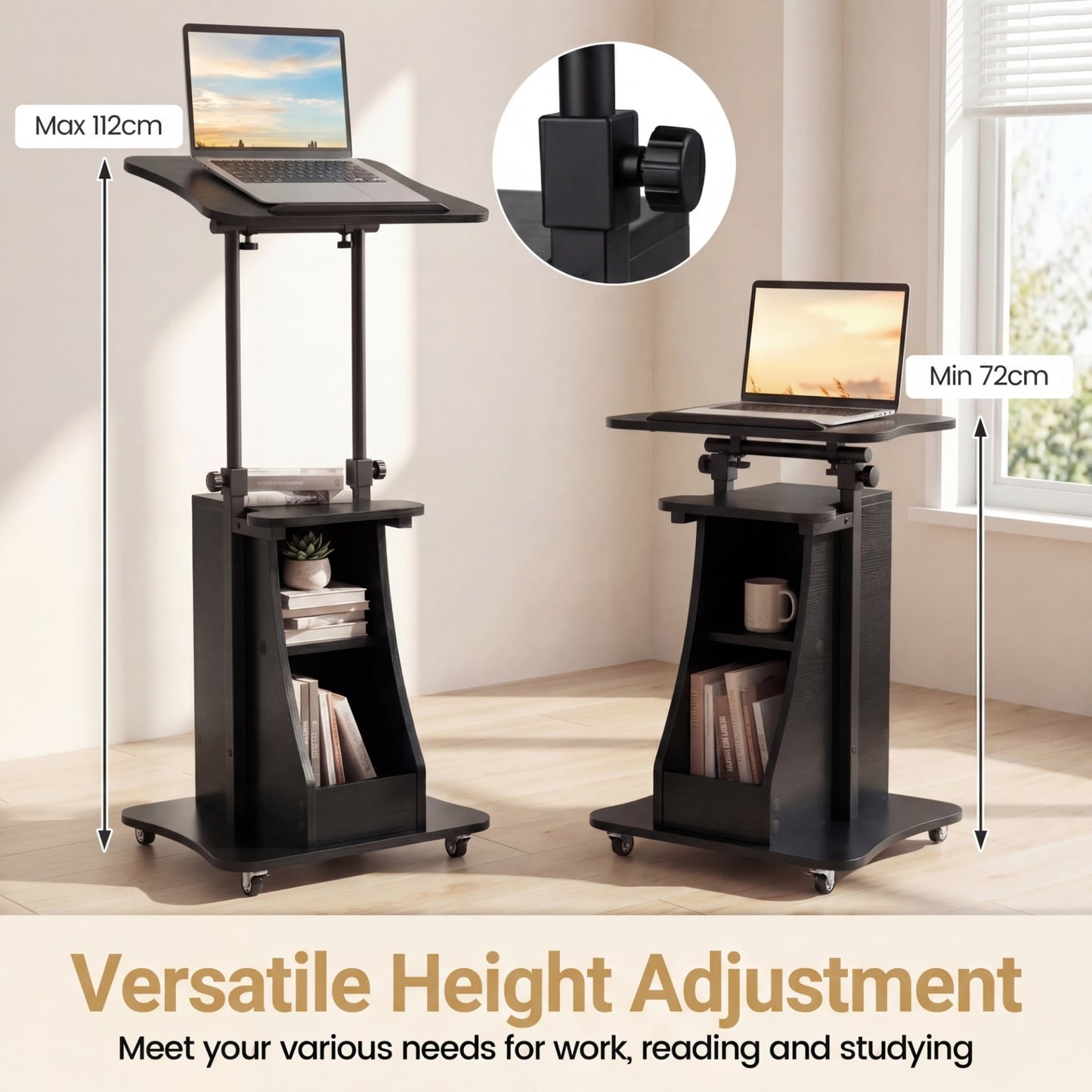 Rolling Podium Stand with Tilting Tabletop and Storage Shelves for Office-Black