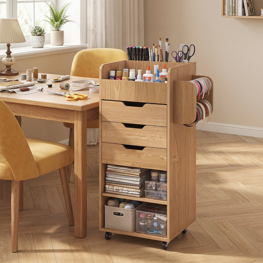Rolling Storage Cart with 3 Drawers & 2 Shelves and Dowel Rods for Kitchen-Natural