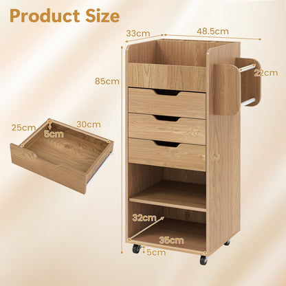 Rolling Storage Cart with 3 Drawers & 2 Shelves and Dowel Rods for Kitchen-Natural