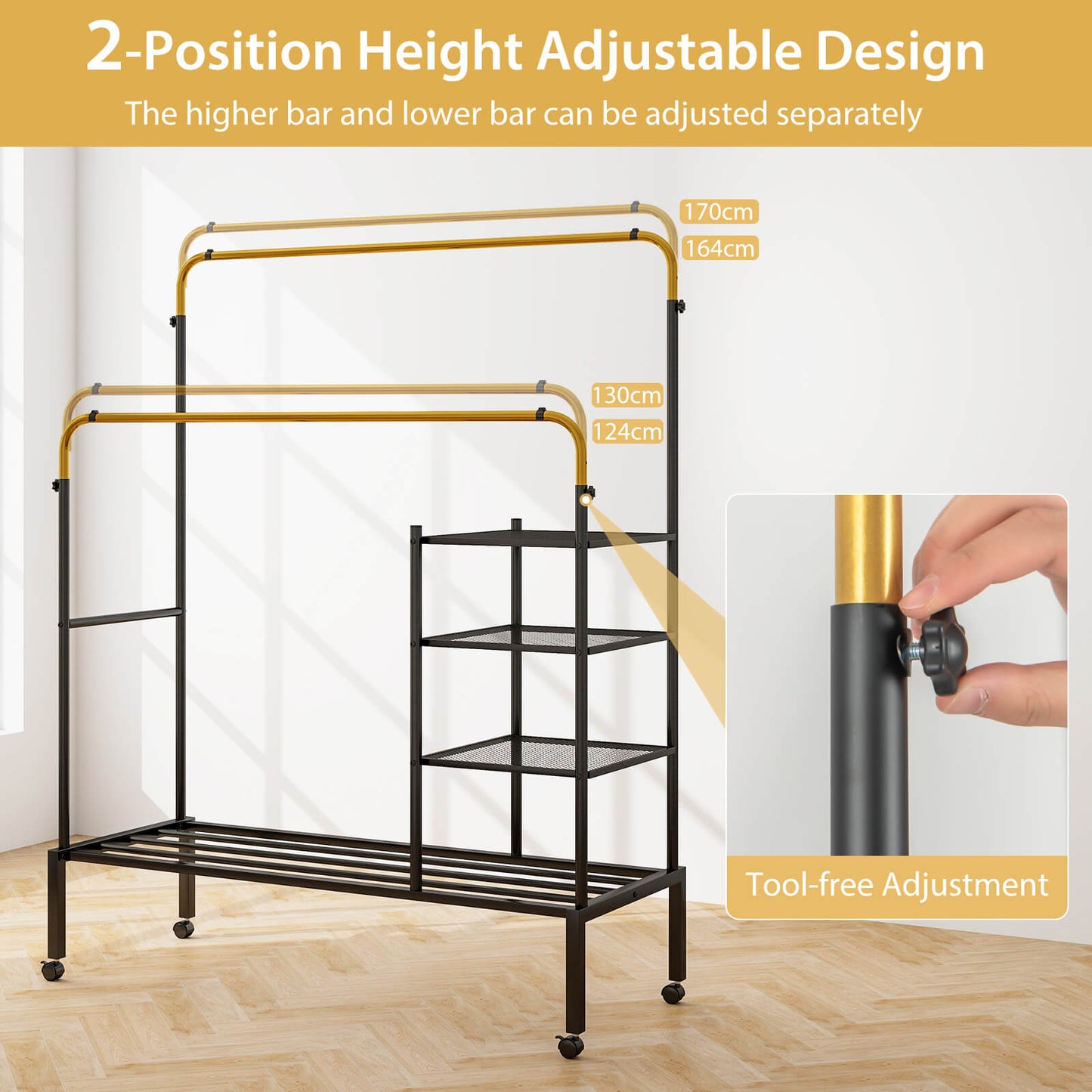 Rolling Clothes Drying Rack with 2 Adjustable Hanging Bars-Black &amp; Gold