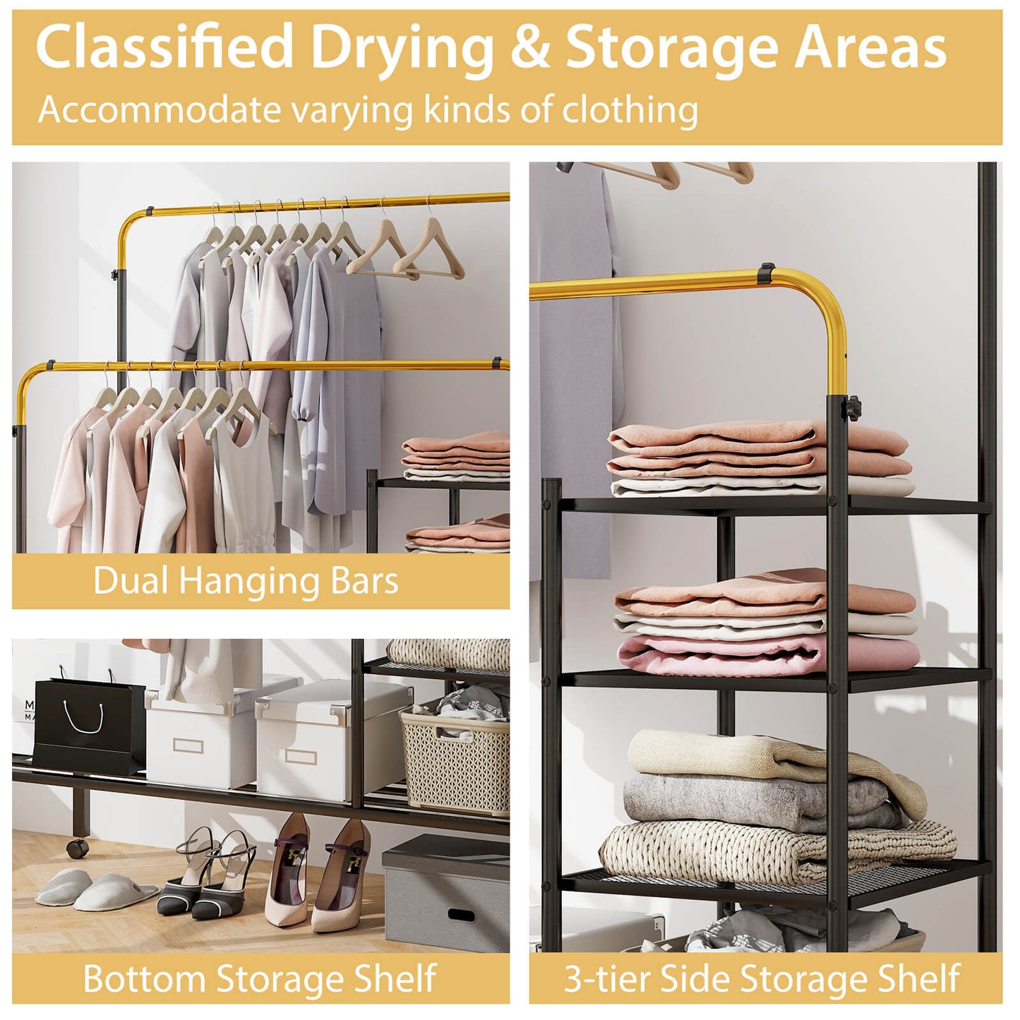 Rolling Clothes Drying Rack with 2 Adjustable Hanging Bars-Black &amp; Gold