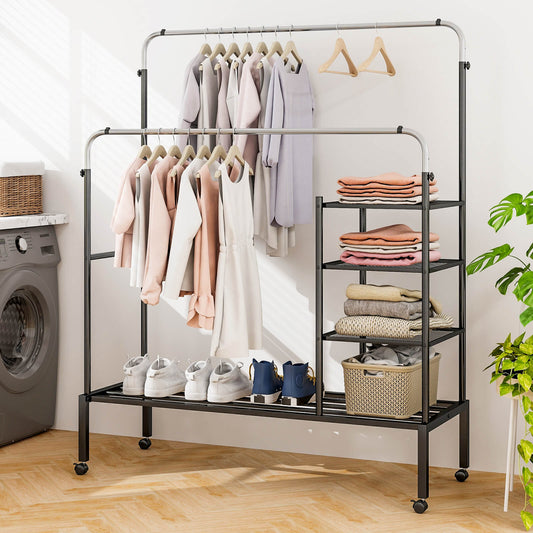 Rolling Clothes Drying Rack with 2 Adjustable Hanging Bars-Black &amp; Silver