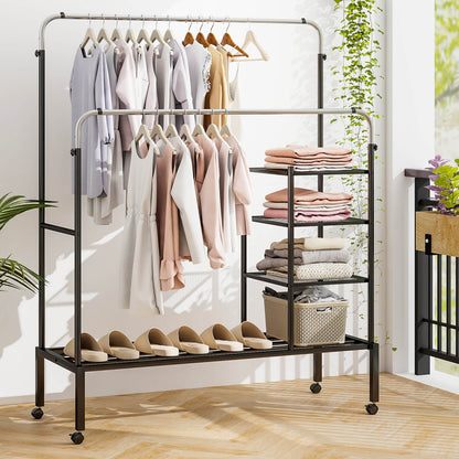 Rolling Clothes Drying Rack with 2 Adjustable Hanging Bars-Black &amp; Silver